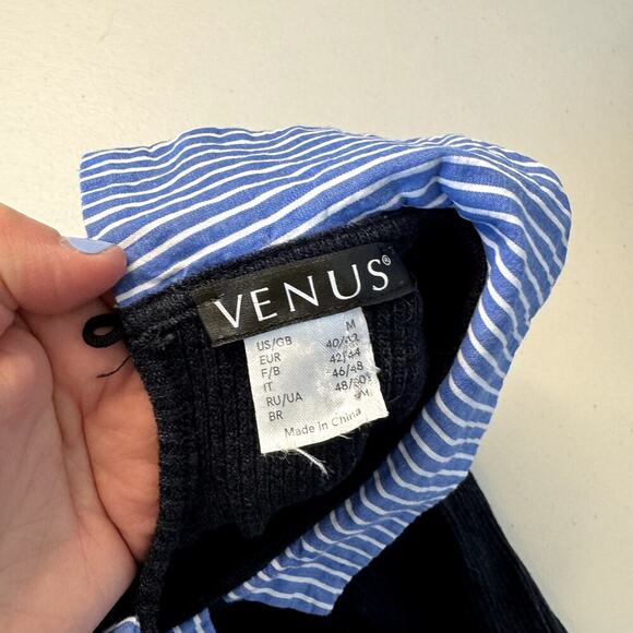 Navy Venus Dress with Striped Cuffs and Peter Pan Neckline Women's Size Medium - Picture 4 of 5